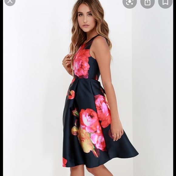 Ballroom Bloom Navy Blue Floral Print MIDI DRESS - Picture 2 of 2